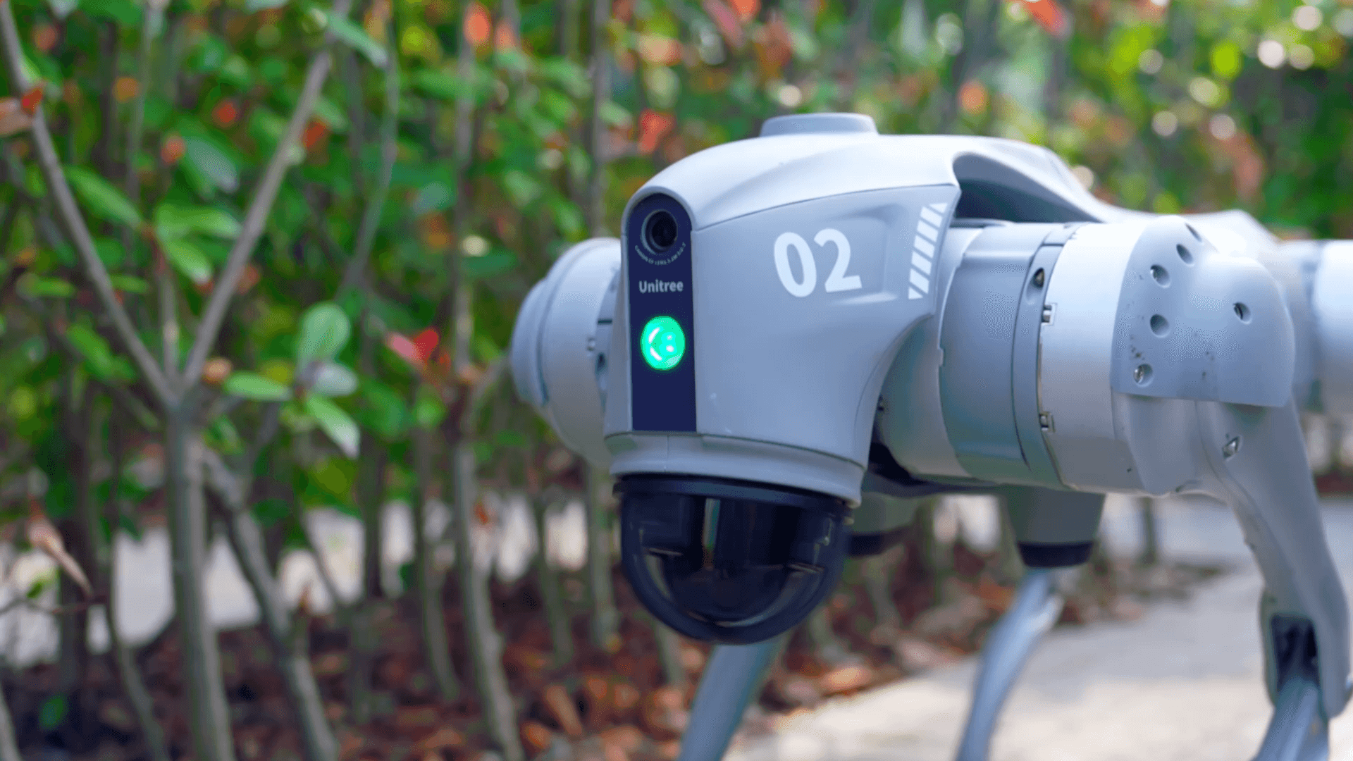 Unitree Go2 platform outdoors, showing its forward-facing LiDAR sensor