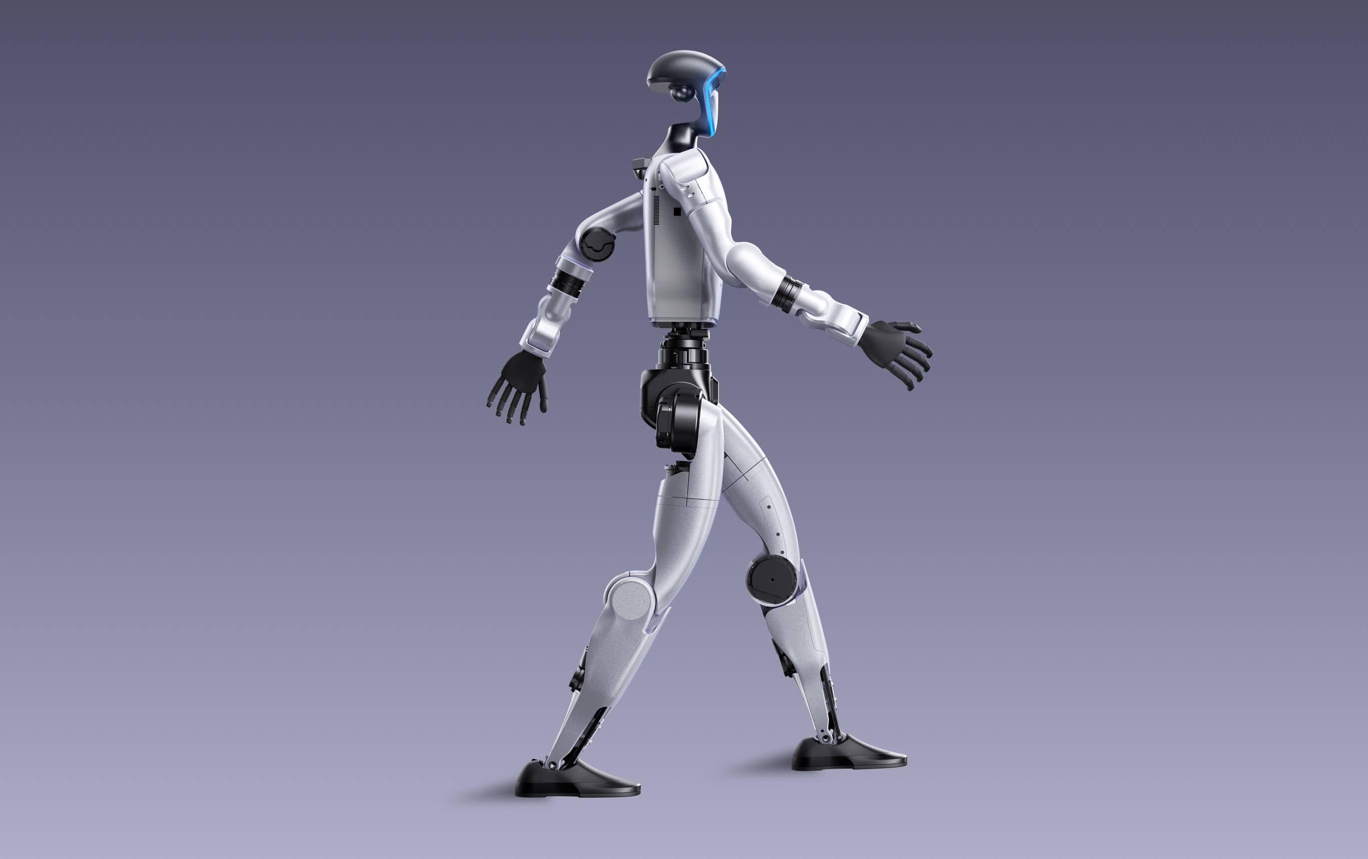 Unitree G1 humanoid in profile, mid-stride against a studio background