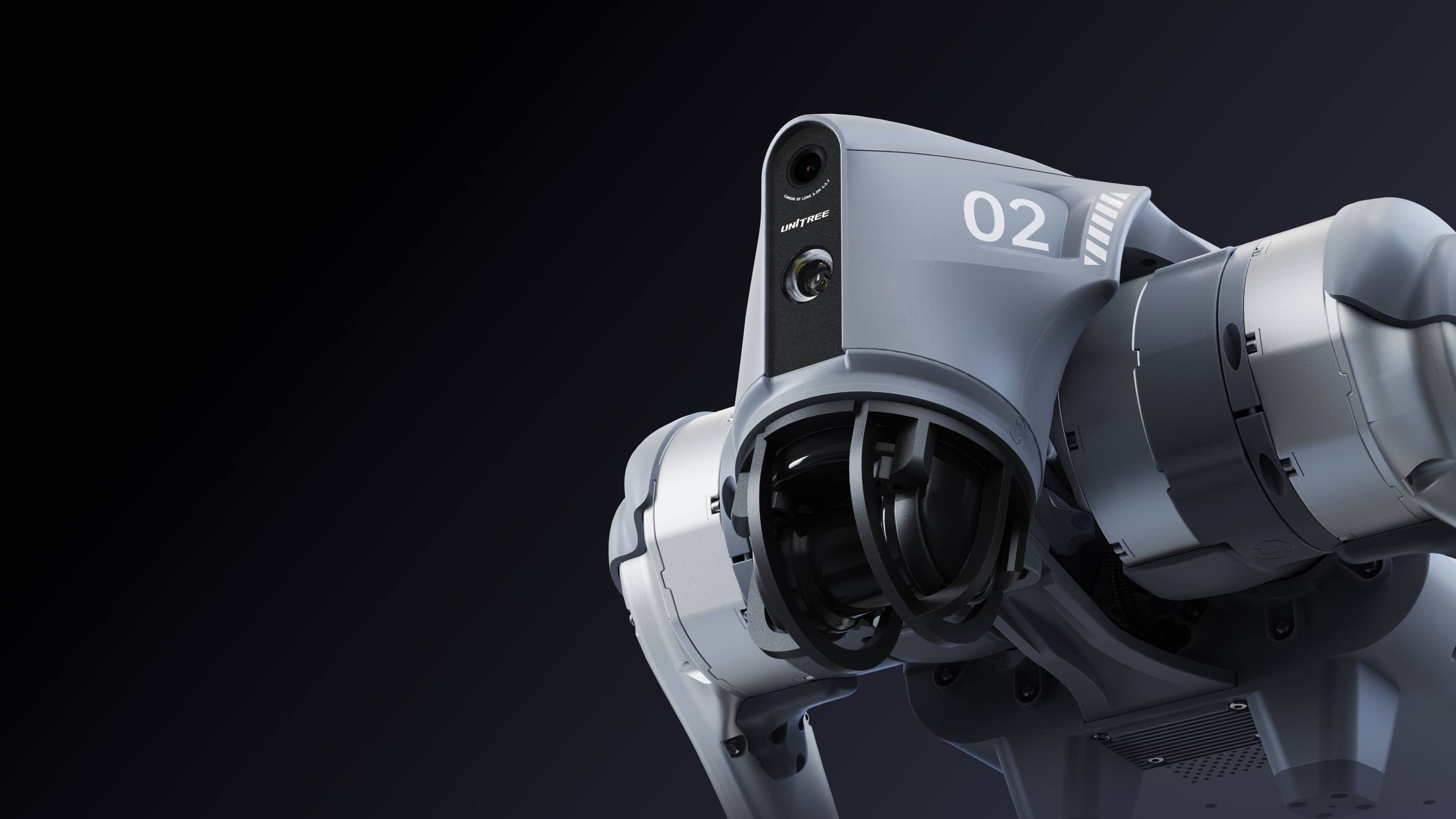 Close-up of the Unitree Go2 robot dog and its front sensor assembly